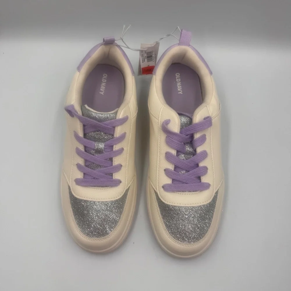 Old Navy Court Sneakers Cream Silver Glitter Purple Laces Low Top Shoes Size 5